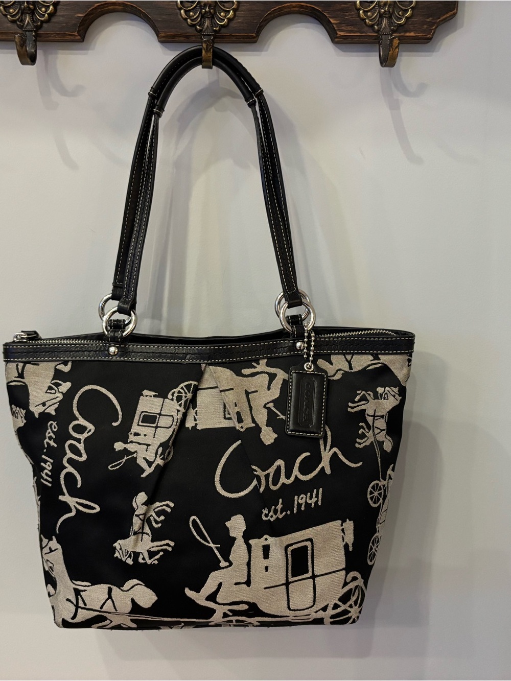 Coach Black and Cream Signature Carriage Canvas Tote